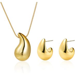 tenghong2021 Teardrop Necklace Earrings for Women Chunky Gold Hoop Waterdrop Drop Earrings Punk Teardrop Pendant Necklace Metal Geometric Stud Earrings for Women Girls Party Gifts Jewelry