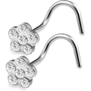 2pcs 20g 0.8mm Nose Screw Rings Flower Nostril Stud Surgical Stainless Steel Crystals Pick Color