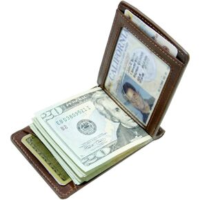 Storus Razor Wallet, Slim Italian Leather Wallet w/Metal Cash Clamp + Engraving Plate