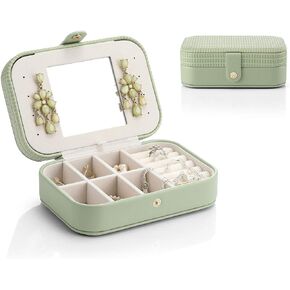 Vlando Small Travel Jewelry Box Organizer - Mirrored Jewelries Necklaces Rings Earrings Necklace Storage Case for Girls Women Vacation, White/Mint Green