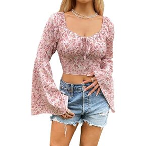 Floerns Women's Graphic Print Tie Front Cropped Top Flounce Long Sleeve Blouse