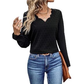 SOLY HUX Women's Swiss Dots Blouse V Neck Scalloped Trim Long Sleeve Casual Tops