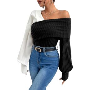 OYOANGLE Women's Colorblock Asymmetrical Neck Long Lantern Sleeve Wrap Front Blouse Top Shirt
