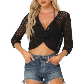 Allegra K Women's Hollow Out V Neck 3/4 Sleeve Twist Front Crochet Crop Top
