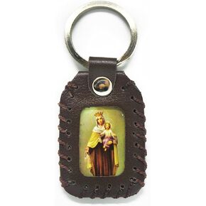 Catholic Keychain Brown Leather Handmade of Sacred Heart of Jesus & Sacred Virgin of Carmen 4cm x 6cm by Zaraleas