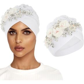 Bohend African Flower Rhinestone Turban Cap Muslim Pre Tied Beanie Headwrap Sequin Bonnet Headscarf Stretch Pleated Women Hat
