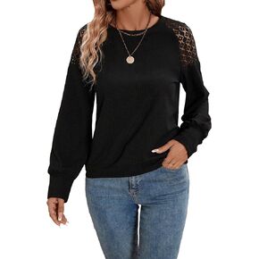 SweatyRocks Women's Knitted Lace Hollow Out Sweatshirt Long Sleeve Crew Neck Pullover Tee Shirt Top