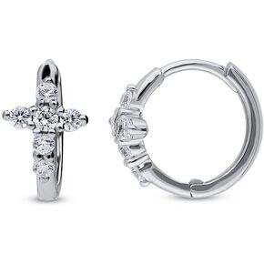 BERRICLE Sterling Silver Cross Cubic Zirconia CZ Small Fashion Hoop Huggie Earrings for Women, 0.5"