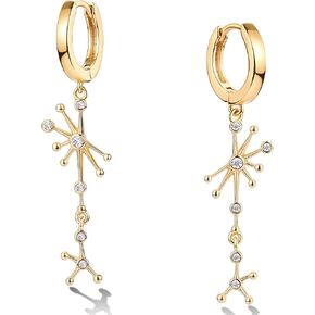 Mevecco Dainty Huggie Hoop Earrings With Disc Long Herringbone Charm Star CZ Dangle Earrings 18K Gold Plated Coin Bead Disk Link Chain Hoop Ears Drap Personalized Snake Huggies Earrings for Women
