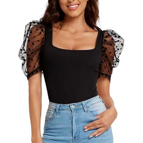 Verdusa Women's Sheer Dobby Mesh Puff Sleeve Square Neck Top