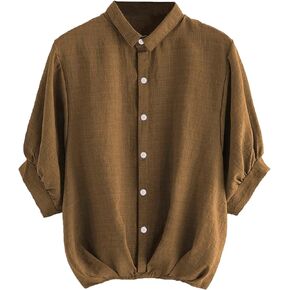 Milumia Women's Collar Lantern Short Sleeve Pleated Hem Button Down Work Blouse Shirt Top