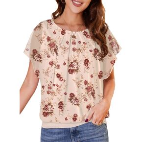 WANGZHI Women's Casual Flouncing Short Sleeve Pleated Front Loose Chiffon Blouse Top