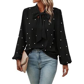 SweatyRocks Women's Pearls Bow Tie Mock Neck Long Sleeve Shirts Casual Loose Fit Blouse Top