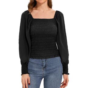 Holipick Women's Smocked Tops Summer Spring Peasant Shirt Long Puff Sleeve Casual Blouse Tunics