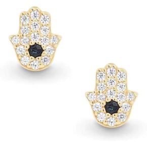 Evil Eye on Palm Mini Cute Cubic Zirconia Stud Earrings for Women Little Girls 925 Sterling Silver Delicate Mystic Hamsa Hand of Fatima Cartilage Tragus Post Studs Dainty Birthday Gifts