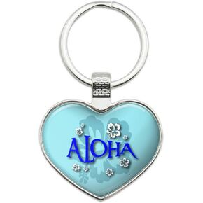 GRAPHICS & MORE Aloha Hawaiian Greeting Hibiscus Flowers Keychain Heart Love Metal Key Chain Ring