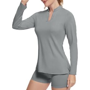 Women's Golf Polo Shirts, UPF 50+ V-Neck Long Sleeve Collarless Quick Dry Tennis Running T Shirt Golf Tops for Women