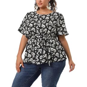 Agnes Orinda Women's Plus Size 2023 Summer Tops Short Sleeve Tie Waist Floral Print Blouse Peplum Top