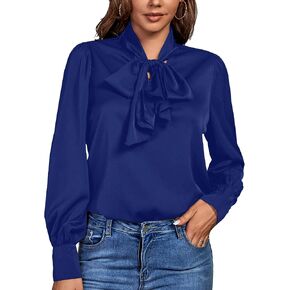 OPOIPIN Women's Causal Bow Tie Neck Button Cuff Long Sleeve Work Blouse Shirt Top