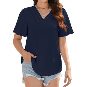 YSYOKOW Womens Summer Tops Casual Short Sleeve Shirts V Neck Blouses Fashion Pleated Tunic