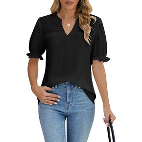 BMJL Womens White Blouse Business Casual Ladies Tops Summer Dressy Casual Puff Sleeve Pleated Lace Shirts
