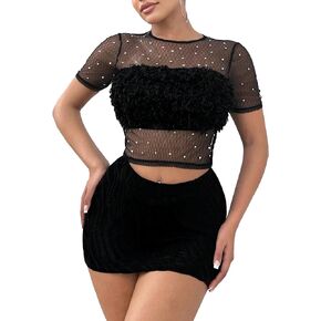 Verdusa Women's Contrast Mesh Short Sleeve Blouse Fuzzy Crop Top Shirt