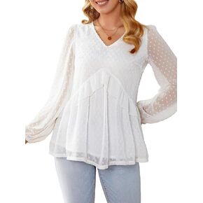 FAIRY SEASON Women's Flowy Ruffle Chiffon Tops V-Neck Swiss Dot Sheer Long Puff Sleeve Blouse Loose Babydoll Shirts in Kuwait