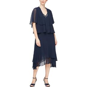 S.L. Fashions Women's Midi Length Beaded V-Neck Tiered Dress with Cascade Jacket in Saudi Arabia