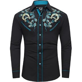 EL PIONERO Men's Floral and Horseshoe Embroidered Long Sleeve Retro Western Cowboy Shirt in Saudi Arabia