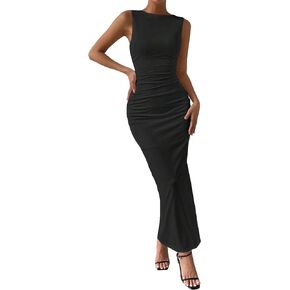 Milumia Women's Sleeveless Boat Neck Split Ruched Maxi Dress Elegant
