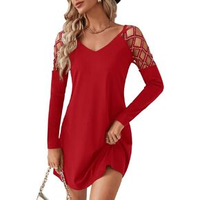 SweatyRocks Women's Casual Long Sleeve V Neck Tunic Dress Rhinestone Criss Cross Cut Out Sleeve Short Dresses