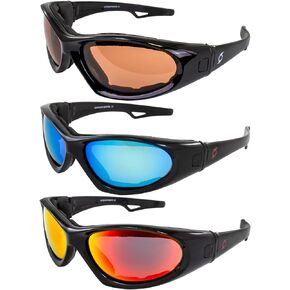 Hurricane Eyewear 3 Pairs of Category 5 Jet & Water Ski Floating Sunglasses to Goggles Hybrid Black Frames w/Driving Mirror, Red mirror & Blue Mirror Lenses, Black-red/Blue/Driving Mirror, Adult in Kuwait