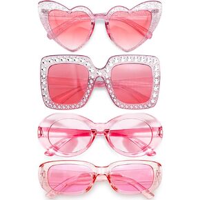 4 Pack Mix Style Hotpink/Pink Sunglasses, Retro Oval Rectangle Square Rhinestone Cat Eye Heart Glasses for Women