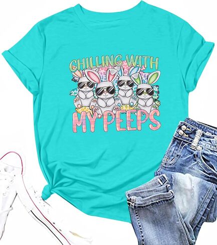 Happy Easter Shirt Women Bunny Shirts : Chillin with My Peeps Tshirt Cute Rabbit Graphic T-Shirt Easter Gift Tee Tops in Saudi Arabia