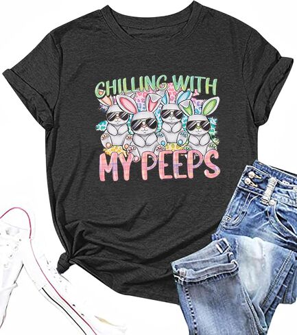 Happy Easter Shirt Women Bunny Shirts : Chillin with My Peeps Tshirt Cute Rabbit Graphic T-Shirt Easter Gift Tee Tops in Saudi Arabia