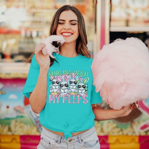 Happy Easter Shirt Women Bunny Shirts : Chillin with My Peeps Tshirt Cute Rabbit Graphic T-Shirt Easter Gift Tee Tops in Saudi Arabia
