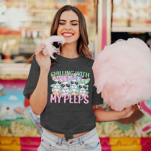 Happy Easter Shirt Women Bunny Shirts : Chillin with My Peeps Tshirt Cute Rabbit Graphic T-Shirt Easter Gift Tee Tops in Saudi Arabia