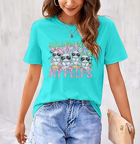 Happy Easter Shirt Women Bunny Shirts : Chillin with My Peeps Tshirt Cute Rabbit Graphic T-Shirt Easter Gift Tee Tops in Saudi Arabia