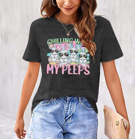 Happy Easter Shirt Women Bunny Shirts : Chillin with My Peeps Tshirt Cute Rabbit Graphic T-Shirt Easter Gift Tee Tops in Saudi Arabia