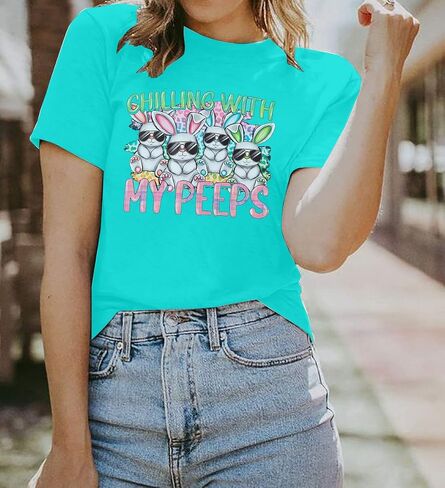 Happy Easter Shirt Women Bunny Shirts : Chillin with My Peeps Tshirt Cute Rabbit Graphic T-Shirt Easter Gift Tee Tops in Saudi Arabia