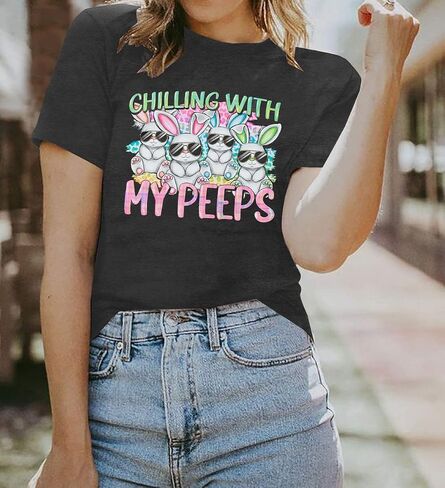 Happy Easter Shirt Women Bunny Shirts : Chillin with My Peeps Tshirt Cute Rabbit Graphic T-Shirt Easter Gift Tee Tops in Saudi Arabia
