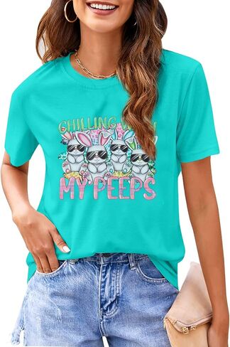 Happy Easter Shirt Women Bunny Shirts : Chillin with My Peeps Tshirt Cute Rabbit Graphic T-Shirt Easter Gift Tee Tops in Saudi Arabia