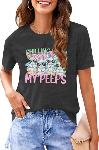 Happy Easter Shirt Women Bunny Shirts : Chillin with My Peeps Tshirt Cute Rabbit Graphic T-Shirt Easter Gift Tee Tops in Saudi Arabia