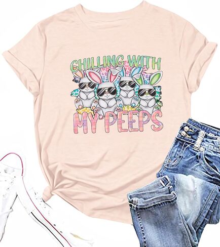 Happy Easter Shirt Women Bunny Shirts : Chillin with My Peeps Tshirt Cute Rabbit Graphic T-Shirt Easter Gift Tee Tops in Saudi Arabia