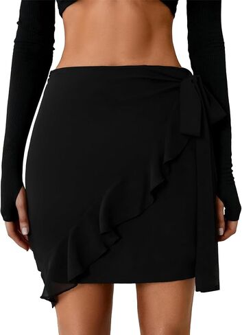 LYANER Women's Summer Wrap Front High Waist Self Tie Knot Ruffle Short Mini Skirt in Saudi Arabia