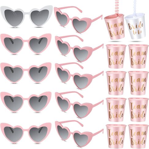 Macarrie 20 Pairs Bachelorette Party Supplies, 10 Pairs Bachelorette Heart Shaped Sunglasses with 10 Pcs Bridal Beaded Shot Glass Necklace Bridesmaid Eyewear for Women Girl Wedding Decoration, Bright in Saudi Arabia