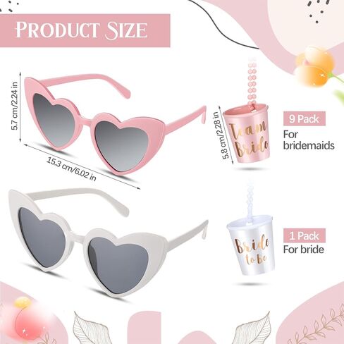 Macarrie 20 Pairs Bachelorette Party Supplies, 10 Pairs Bachelorette Heart Shaped Sunglasses with 10 Pcs Bridal Beaded Shot Glass Necklace Bridesmaid Eyewear for Women Girl Wedding Decoration, Bright in Saudi Arabia