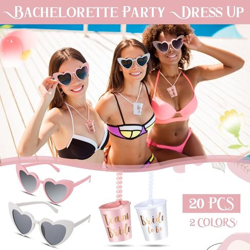 Macarrie 20 Pairs Bachelorette Party Supplies, 10 Pairs Bachelorette Heart Shaped Sunglasses with 10 Pcs Bridal Beaded Shot Glass Necklace Bridesmaid Eyewear for Women Girl Wedding Decoration, Bright in Saudi Arabia