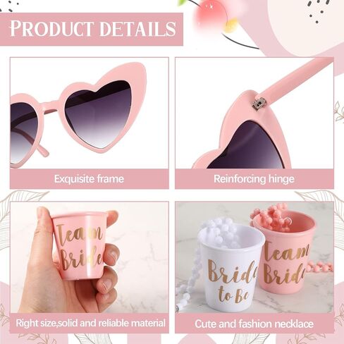 Macarrie 20 Pairs Bachelorette Party Supplies, 10 Pairs Bachelorette Heart Shaped Sunglasses with 10 Pcs Bridal Beaded Shot Glass Necklace Bridesmaid Eyewear for Women Girl Wedding Decoration, Bright in Saudi Arabia