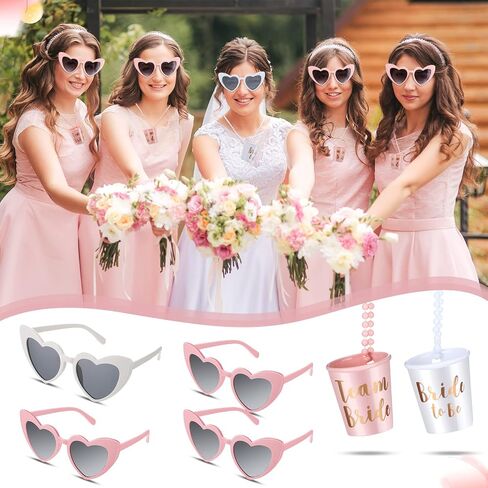 Macarrie 20 Pairs Bachelorette Party Supplies, 10 Pairs Bachelorette Heart Shaped Sunglasses with 10 Pcs Bridal Beaded Shot Glass Necklace Bridesmaid Eyewear for Women Girl Wedding Decoration, Bright in Saudi Arabia